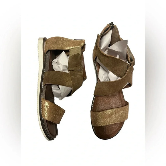 Diba True Flip Toes Gold/Natural Wedge Zip Up Sandals Leather - Picture 1 of 10